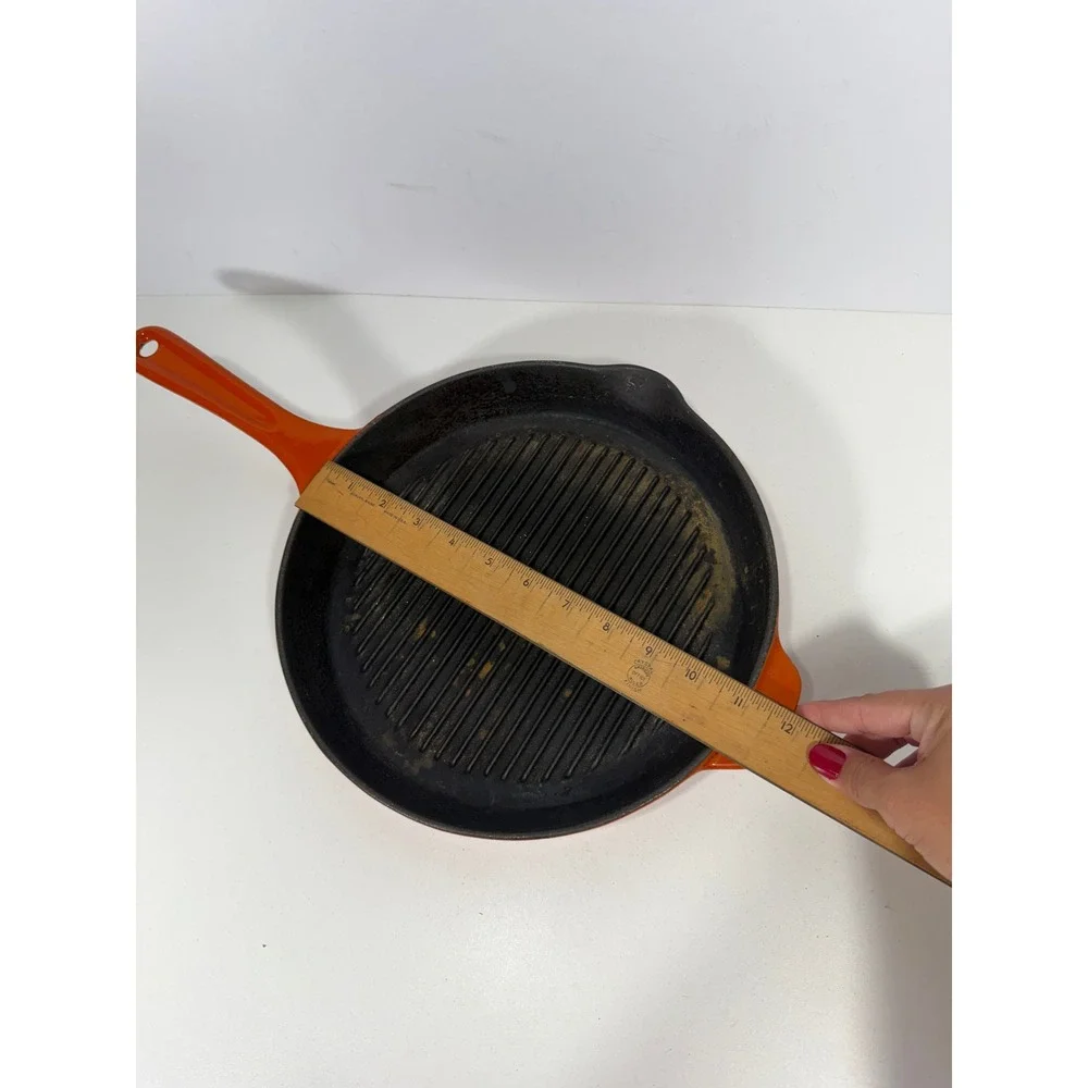 Orange Enameled Cast Iron Round Grill Pan Skillet with Ribbed Surface 10 inch
